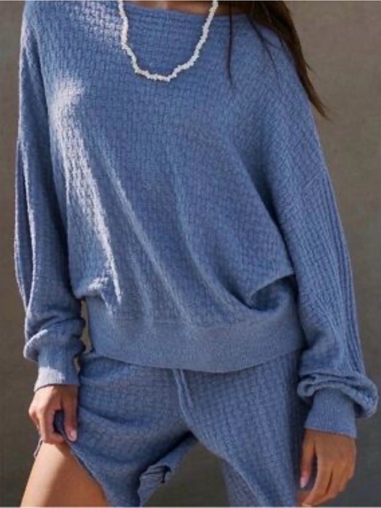 Free People Pants - Free People Slate Blue Knit Lounge Set - Long Sleeve Top & Drawstring Shorts